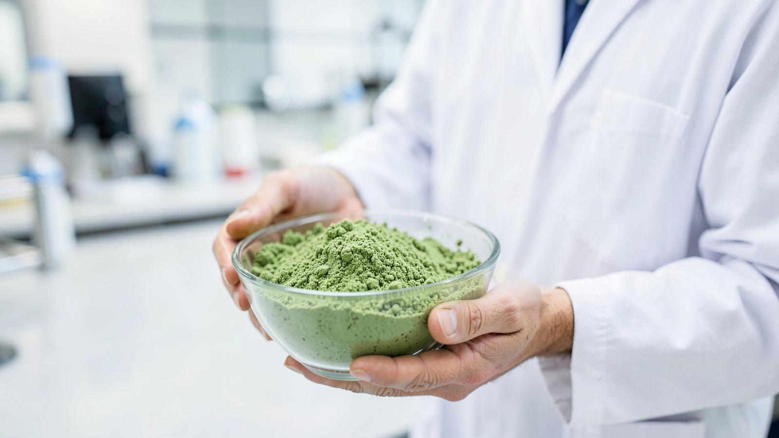 Ruce technologa v laboratoři držící misku se zeleným práškem z nopalu