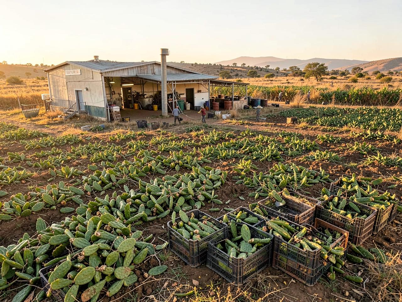 Zpracovna a pole kaktusu nopal v Mexiku